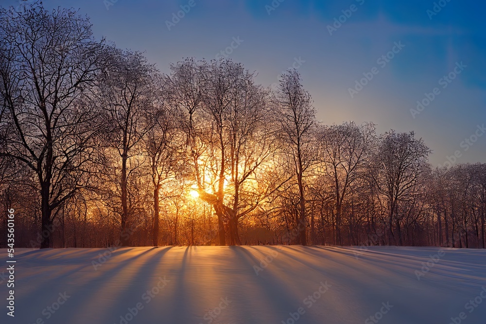 Beautiful rays through the frosty morning oak trees,winter sunrise view at Krimulda,Latvia