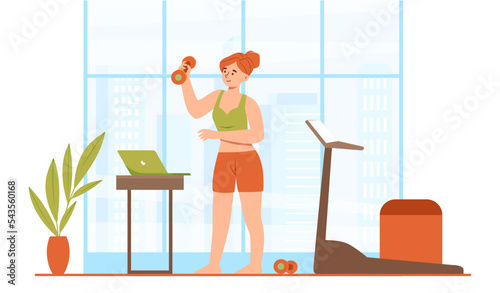 Woman doing exercises. Young girl with dumbbells in her hands next to bike path. Home workouts and fitness. Strengthen muscles and burn fat. Poster or banner. Cartoon flat vector illustration
