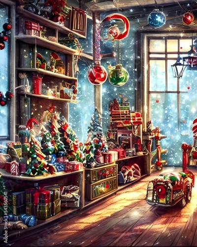 It's a Christmas toy factory, full of elves making toys. The shelves are lined with all kinds of dolls and stuffed animals. There's a big sign that says 