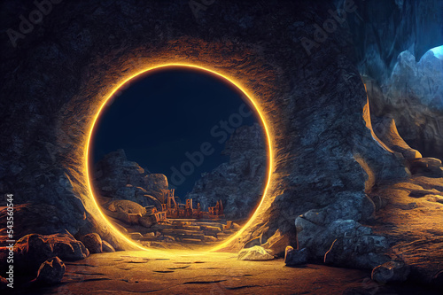 Portal in stone arch with magical symbols in mountain cave. Gate to alien worlds in ancient temple. Fantasy scene 3d illustration