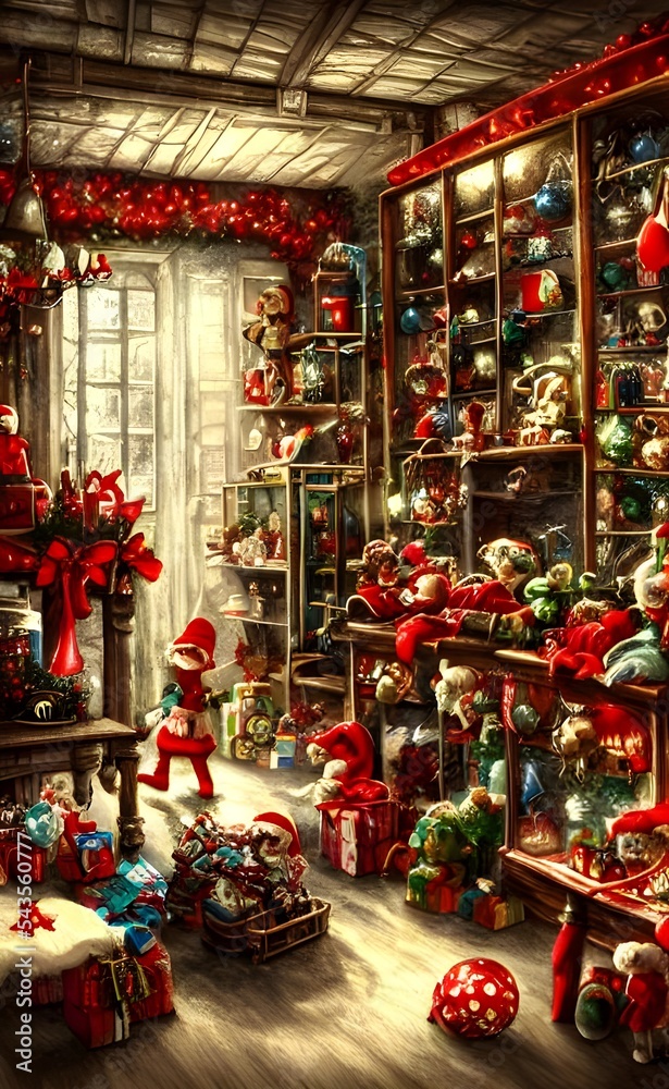 Fototapeta premium The workers in the factory are busy putting the final touches on this year's batch of Christmas toys. The conveyor belt is lined with all sorts of dolls, teddy bears, and other assorted playthings. Th