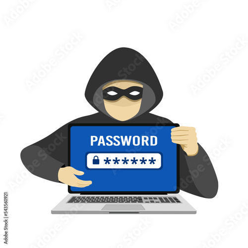 Hackers are stealing passwords, data, and profiles on your laptop. Internet, Viruses, Phishing, Hacking. Vector illustration.