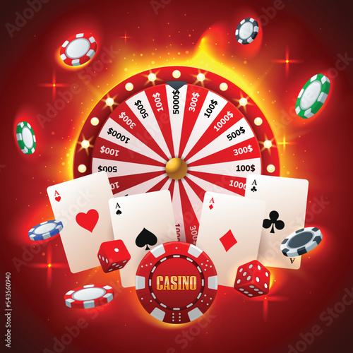 Casino concept with red wheel of fortune, playing cards, dices and flying chips on a red hot background. Win, fortune roulette. gamble, chance, leisure, lottery, luck. Vector illustration