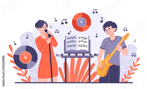 Voice training concept. Guitarist and vocalist rehearse on stage, young girl sings songs. Creativity and art. Music group performing. Poster or banner for website. Cartoon flat vector illustration