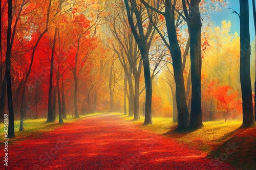 autumn road . beautiful bright autumn road landscape. red leaves on the trees