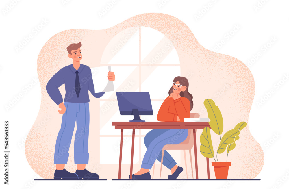 Good boss concept. Man gives advice to subordinate, consults and answers questions. Help and support, compliment. Organization of effective workflow in company. Cartoon flat vector illustration