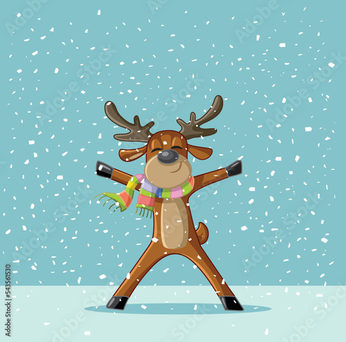 Happy Reindeer Dancing in the Snow Vector Cartoon illustration. Cheerful animal celebrating on Xmas winter holidays

