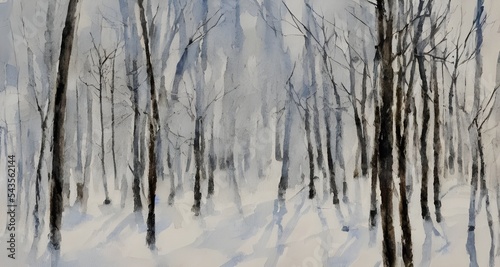 In this watercolor painting, a dense forest is blanketed in fresh snow. The tall evergreen trees are dusted with frost, and icicles sparkle from the branches. A few birds perched on the boughs seem