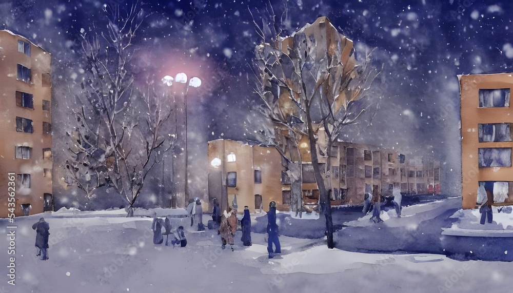 The watercolor apartment buildings are a deep blue in the winter nighttime. The snow falls gently around them, and the stars twinkle in the sky.