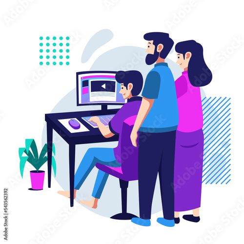 Parents guide their children online learning on the desk