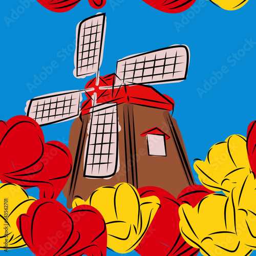 Simple pattern with windmill and flowers


