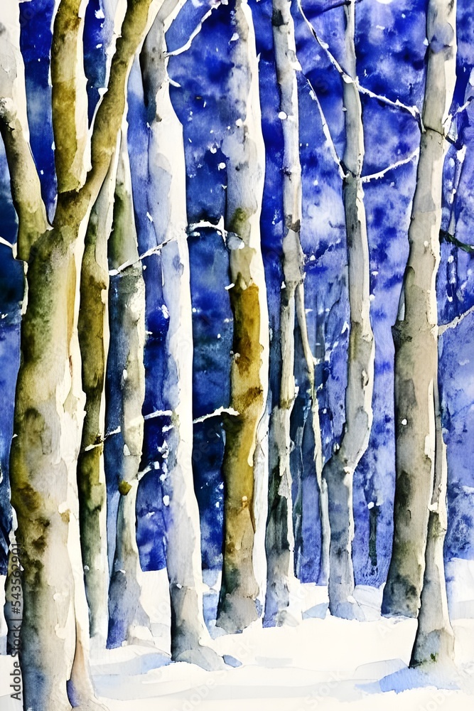 A winter forest scene done in watercolor. The tree trunks and branches are a deep, rich brown; the leaves are a variety of greens, yellows, and oranges; and the snow is a light blue-gray.