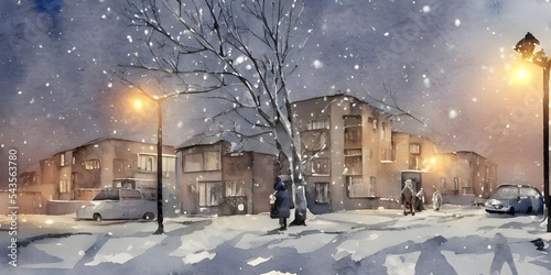 In the picture, there are several apartment buildings that appear to be made out of watercolor. It is winter time and it looks like nighttime. The sky is a deep blue color and there is snow on the gro