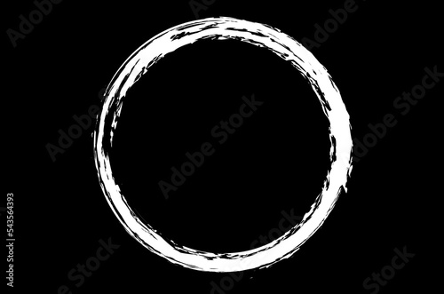 White circle brush stroke vector isolated on black background. White enso zen circle brush stroke. For stamp, seal, ink and paintbrush design template. Grunge hand drawn circle shape, vector