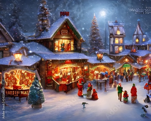 The snow is falling gently on the houses and trees of the winter christmas village. The lights are shining in the windows, and smoke is coming out of the chimneys.