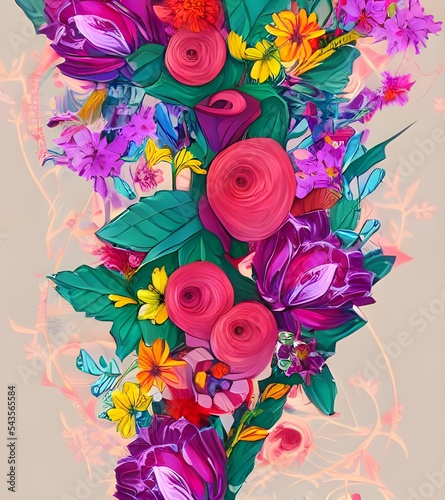 The illustration is of blooming flowers. The colors are very bright and the petals are all different shades. The center of each flower is yellow and there are green leaves surrounding them. © dreamyart