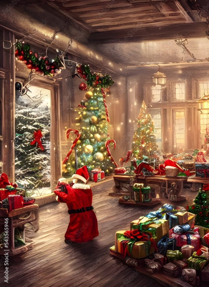 In the Christmas toy factory, elves are busy at work making toys for children all around the world. The workshop is full of festive cheer, with sparkling decorations and a huge tree in the corner. Jin
