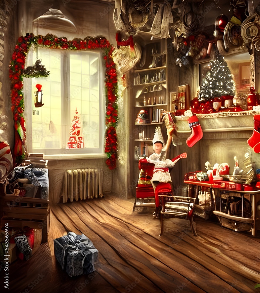 It's Christmas time, and the toy factory is in full swing. elves are busy making toys, while reindeer wait to take them to children all over the world. The atmosphere is festive and happy, with laught