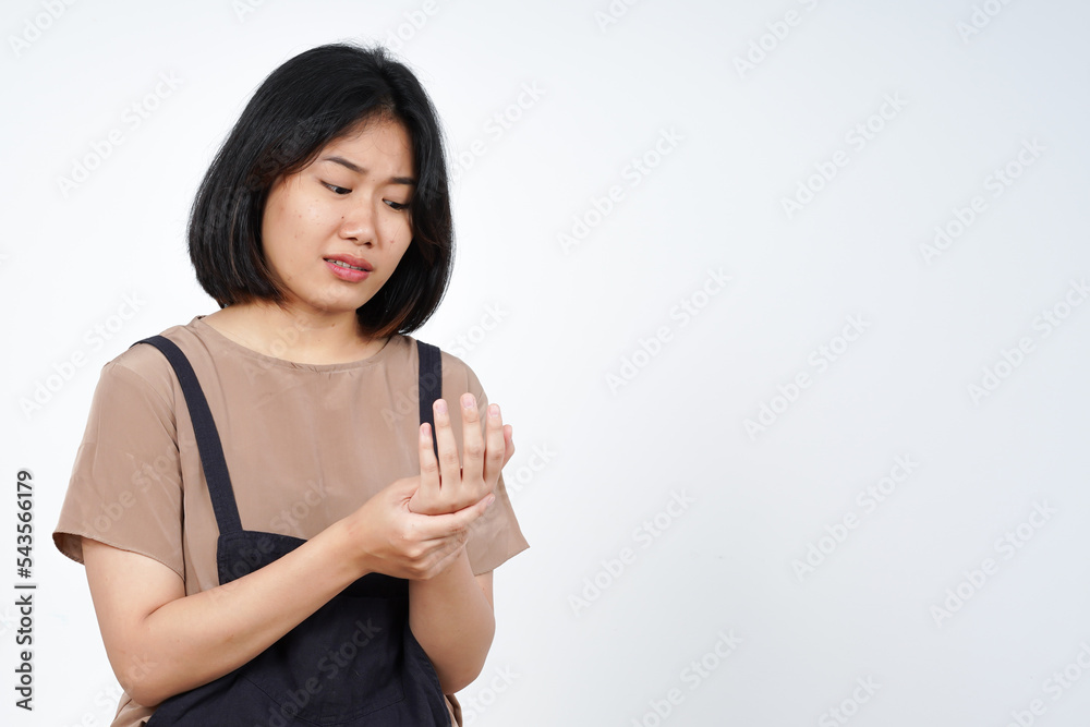 Suffering pain on hands of Beautiful Asian Woman Isolated On White Background Suffering pain on hands of Beautiful Asian Woman Isolated On White Background
