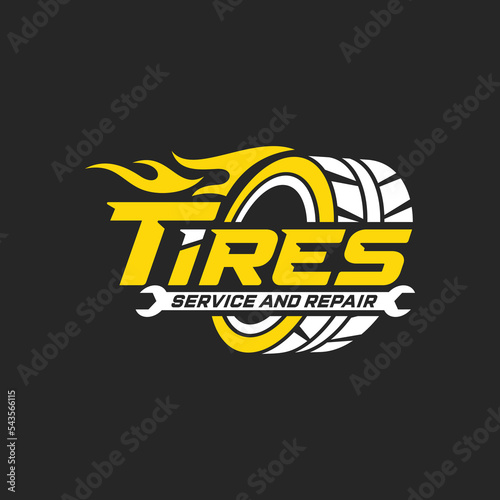 Car wheel in fire flame. tires vector logo design template. photo