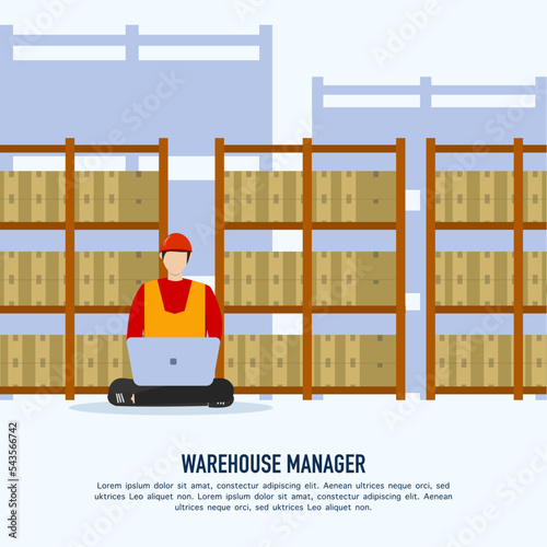 Intelligent warehouse management system. Logistics management monitoring concept. man in warehouse monitoring with laptop inventory level of goods on shelves. vector illustration. Online shopping