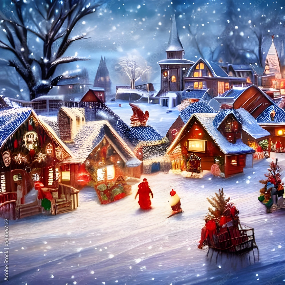 The snow is falling gently on the winter christmas village, blanketing the scene in a layer of white. The houses are adorned with wreaths and garlands, and candles glow in the windows. Smoke rises fro