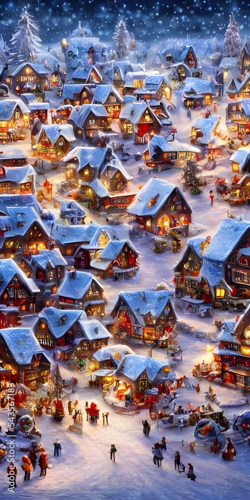 I see a winter christmas village with houses made of gingerbread and candy. The roads are lined with snow and there are trees everywhere. I can see people walking around in the snow, enjoying the holi I see a winter christmas village with houses made of gingerbread and candy. The roads are lined with snow and there are trees everywhere. I can see people walking around in the snow, enjoying the holi