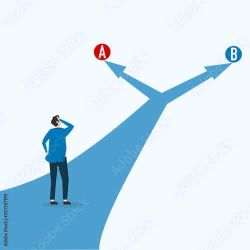 The entrepreneur decides between two alternatives. Choice decision making as two separate path choices to choose from. Business choice and dilemma concept. Vector illustration. business or life photo