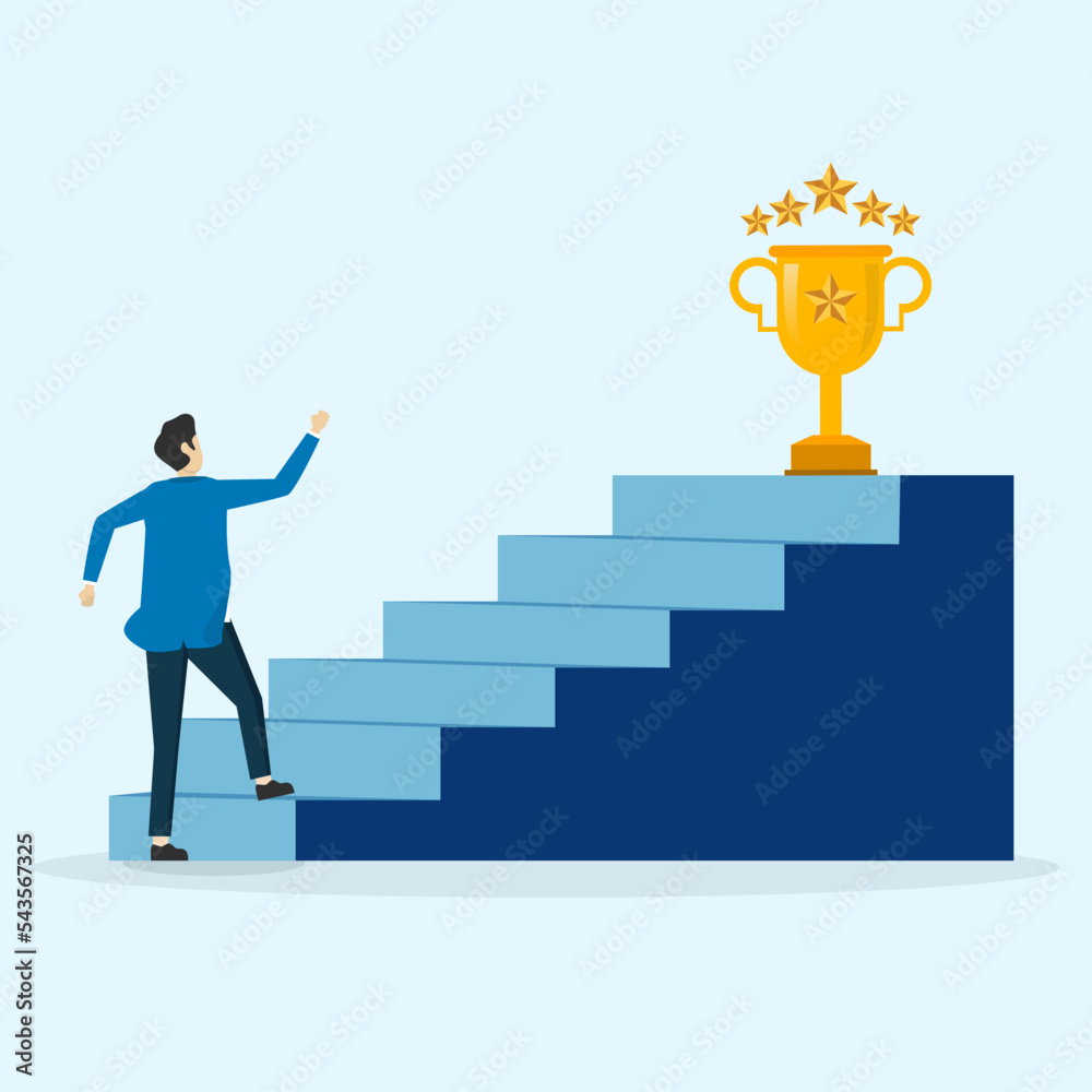 motivation concept, Hope for success in business, achievement or achievement of business goals, confident smart businessman climbing the ladder to the top for the prize of a valuable trophy. motivation concept, Hope for success in business, achievement or achievement of business goals, confident smart businessman climbing the ladder to the top for the prize of a valuable trophy.