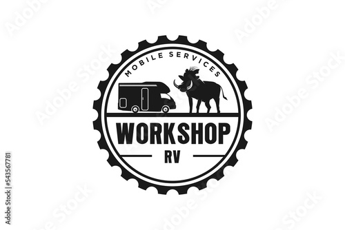 RV logo design recreational vehicle outdoor rounded gear and warthog silhouette wildlife icon symbol