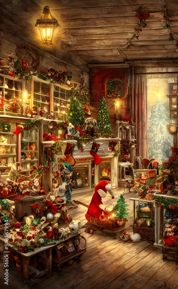 The Christmas toy factory is a bustling place. There are elves running around, putting the finishing touches on toys. The conveyor belt is moving rapidly, and there are piles of presents waiting to be