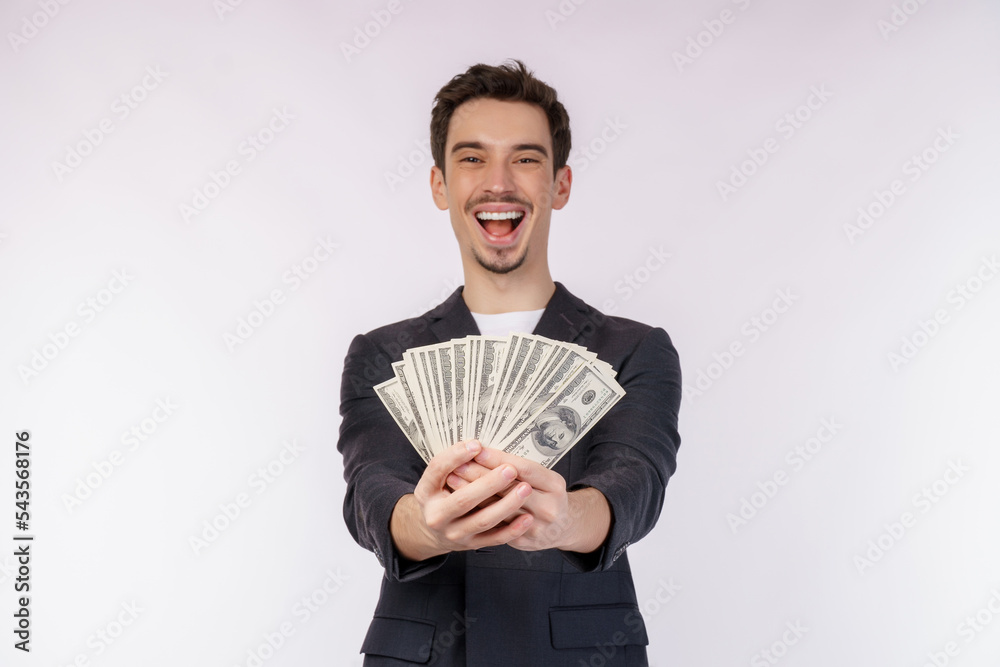 Portrait of a cheerful man holding dollar bills over white background Portrait of a cheerful man holding dollar bills over white background