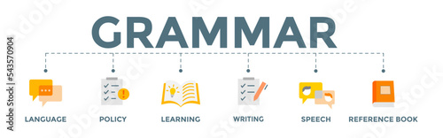 Grammar icon banner web illustration for languange education with communication, policy, learning, writing, speech, and reference book icon