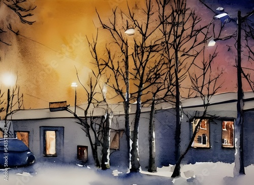 The watercolor apartment buildings are standing tall and wintery in the nighttime. © dreamyart