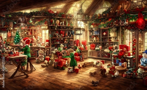 The Christmas toy factory is a flurry of activity. Elves are busy at work, crafting the season's toys. The workshop is filled with the sound of hammering and sawing. Bright balls and shiny trains line