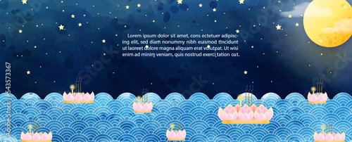 Poster of Thailand tradition in river worship, Loy Kratong Festival in watercolors style with example texts.