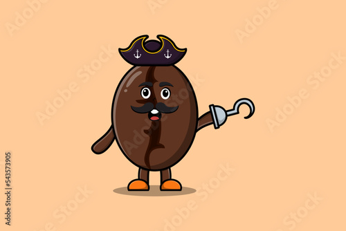 Cute cartoon pirate Coffee beans with hook hand in 3d modern style design