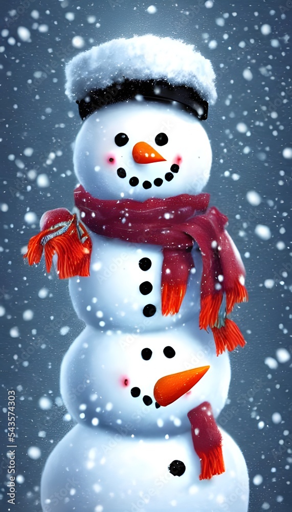 There is a cute snowman in the snow. He has two coal eyes and a carrot nose. His arms are sticks that he found in the snow. He is wearing a hat and scarf that someone must have left behind.