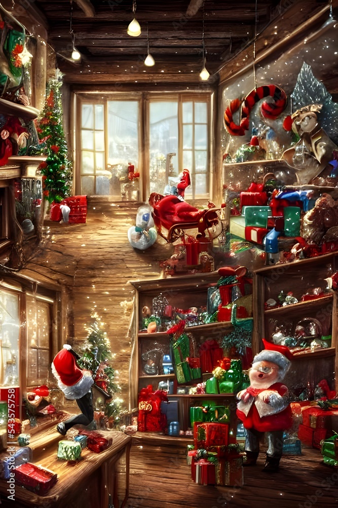 It's a cold winter night and the Christmas toy factory is bustling with activity. elves are busy assembling toys, while others are packing them into crates to be shipped out. In the center of the room