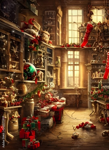 In the Christmas toy factory, workers are busy making toys. Some workers are painting dolls, while others are assembling toy cars. There is a big stack of boxes in the corner, ready to be filled with