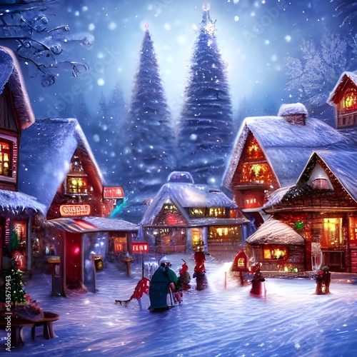 The Winter christmas village is a beautiful scene. The houses are all decorated with lights and there is snow on the ground. Santa Claus is in his workshop, making toys for all the good girls and boys