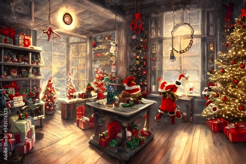 It's a cold winter night and the toy factory is bustling with activity. The elves are busy at work, wrapping presents and assembling toys. Santa Claus is in his office, going over his list one last ti