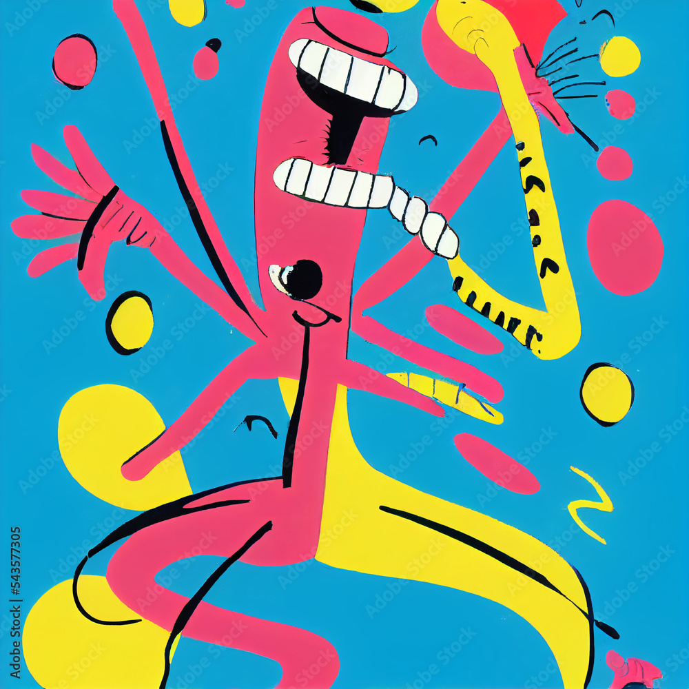 Abstract musician dancing cartoon illustration bright colors