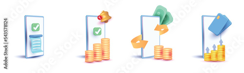 banking earning realistic vector icon set 3d render promotion, payment, card,mobile in colorful smart phone app concept. web atm save money wallet  investment money Business 