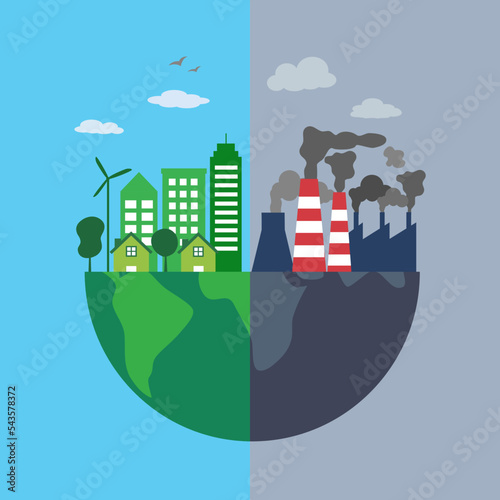 Compare of green ecology planet and environmental pollution in flat design. Save the earth concept vector illustration.