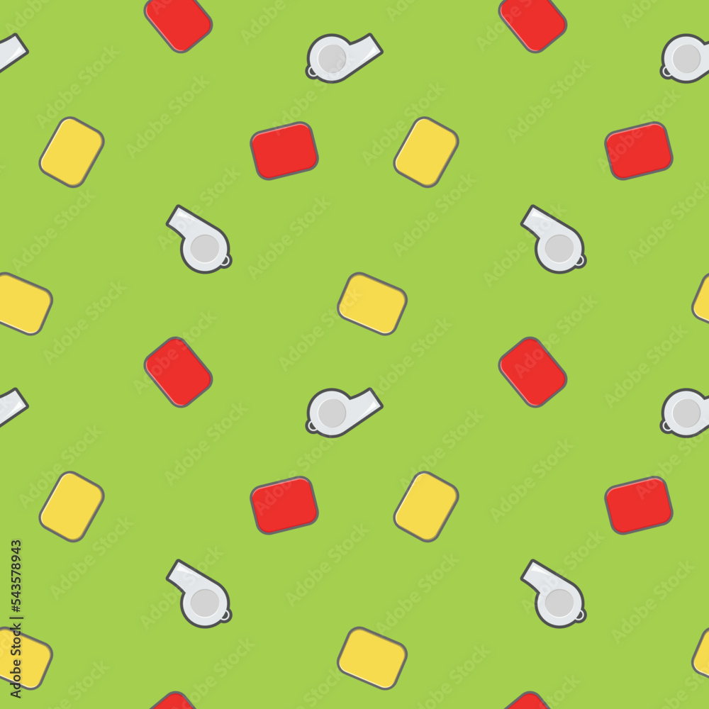soccer or football elements yellow cards, red cards, whistle cartoon object seamless pattern on dark green background. vector illustrator soccer or football elements yellow cards, red cards, whistle cartoon object seamless pattern on dark green background. vector illustrator