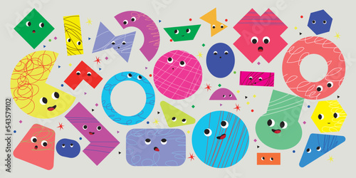 Geometric character shapes with facial emotions, different cartoon basic characters. Cute colorful shapes, trendy colors, hand-drawn textures, and vector illustrations for children's education.
