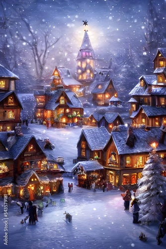 It's a winter christmas village. The ground is covered in snow and the houses are all decorated with lights. There's a big Christmas tree in the middle of the village, and people are walking around en