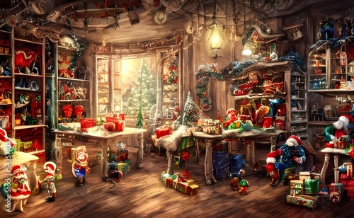 It's Christmas time and the toy factory is in full swing. The workers are busy putting the finishing touches on all the toys that will soon be under trees around the world. The conveyor belt moves ste © dreamyart