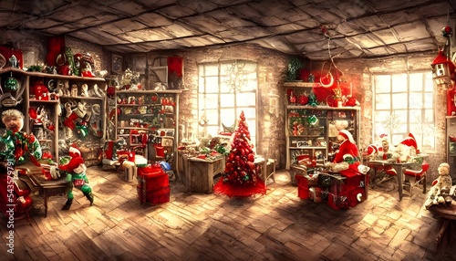 It's the middle of the night, and Santa's workshop is bustling with activity. Elves are busy putting together toys, while others are loading up sleighs with presents. In the center of it all is a gian photo